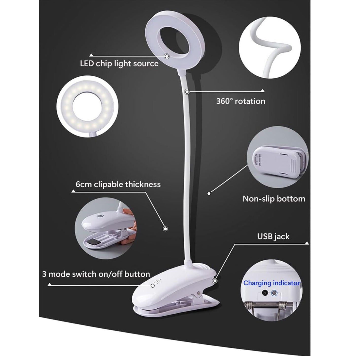 LED Rechargeable Clip-On Desk Lamp – Flexible Gooseneck Reading Light with Clamp | USB Rechargeable Night Lamp