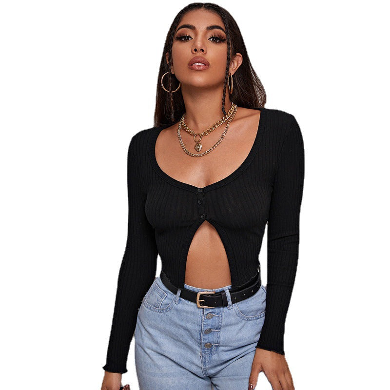Women’s Long Sleeve Crop Cardigan Top –  Button Knit T-Shirt | Trendy Elegant Fashion 2025