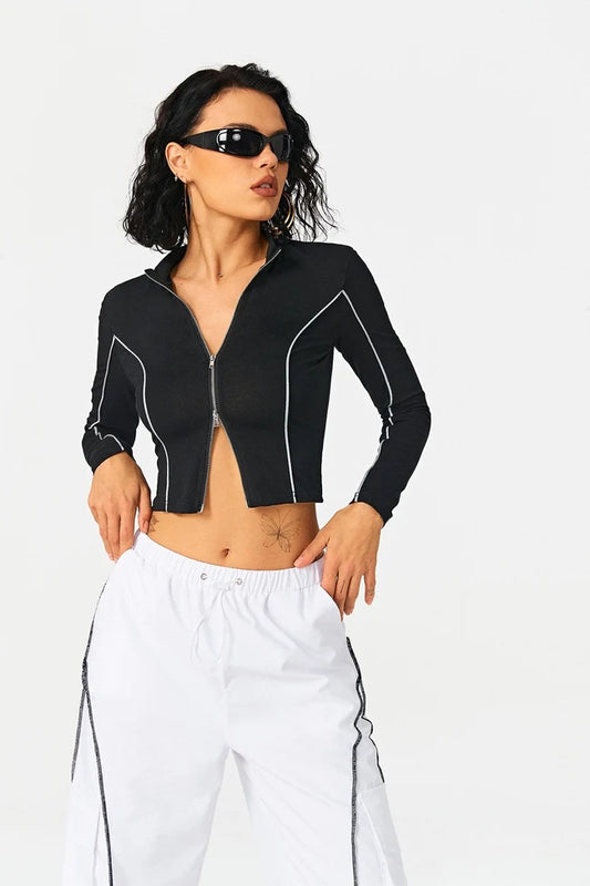 2025 Women’s Contrasting Color Standing Collar Knitted Shirt – Stylish Winter Top for Women