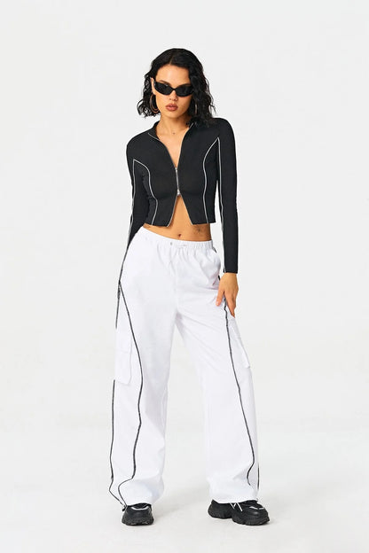 2025 Women’s Contrasting Color Standing Collar Knitted Shirt – Stylish Winter Top for Women