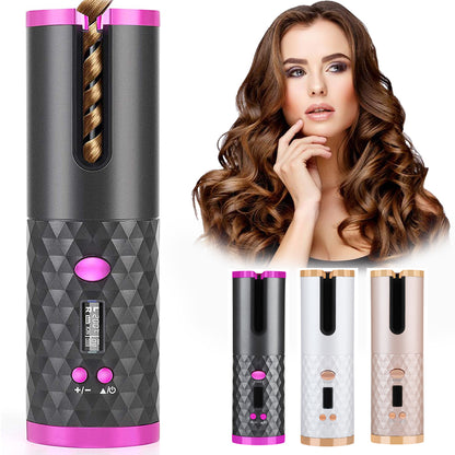Cordless Automatic Hair Curler – Rechargeable Cordless Ceramic Rotating Curling Iron with LCD Display