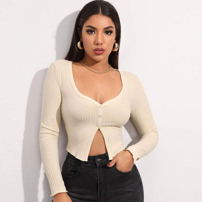 Women’s Long Sleeve Crop Cardigan Top –  Button Knit T-Shirt | Trendy Elegant Fashion 2025