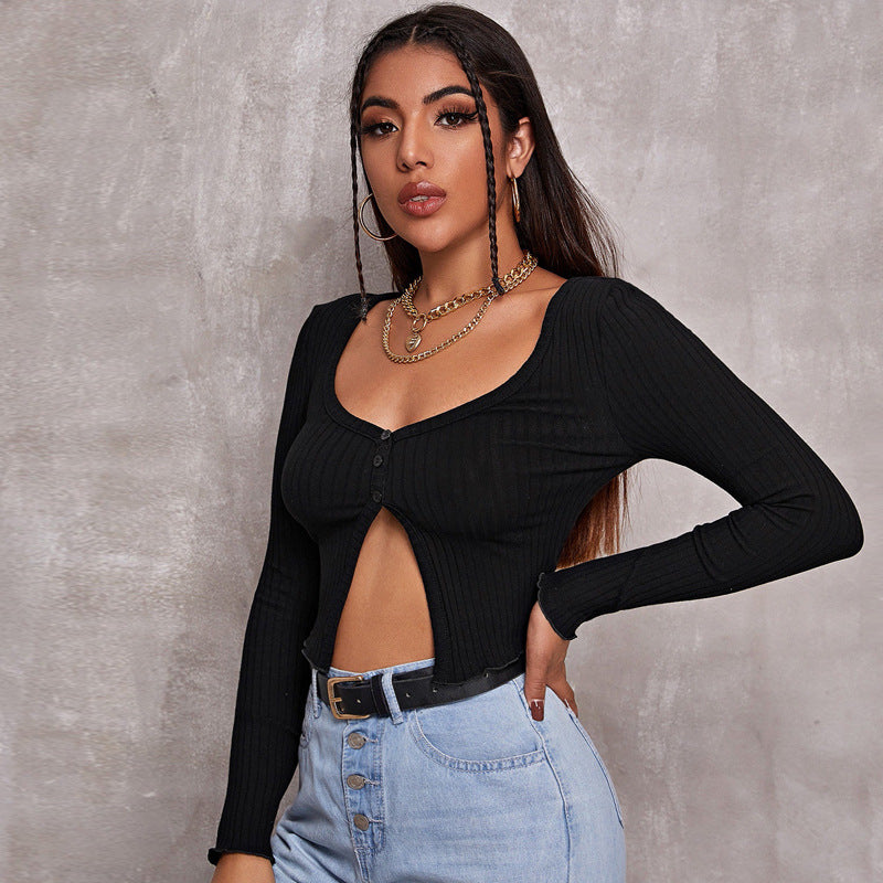 Women’s Long Sleeve Crop Cardigan Top –  Button Knit T-Shirt | Trendy Elegant Fashion 2025